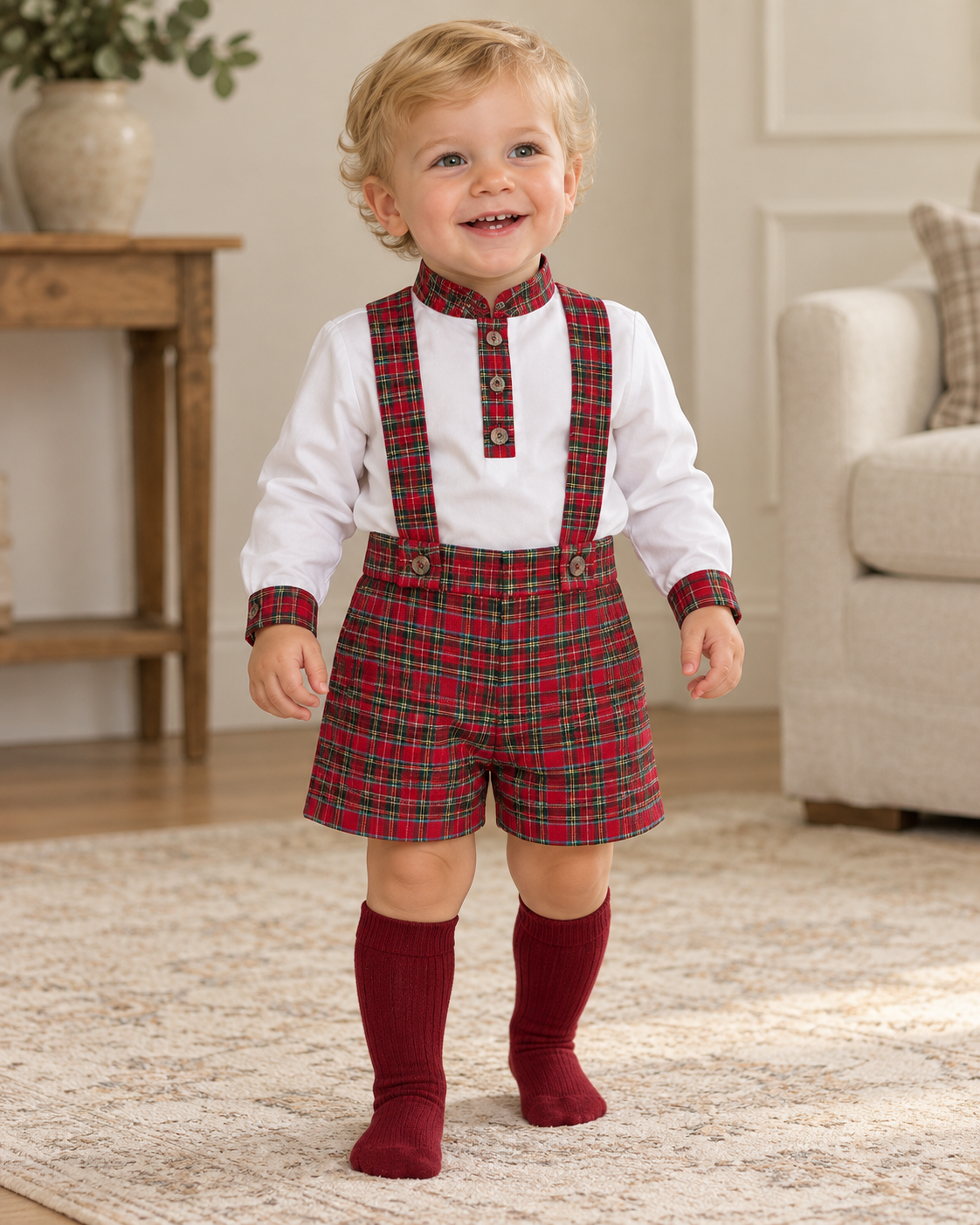 Red tartan boys set with shirt - PRE ORDER