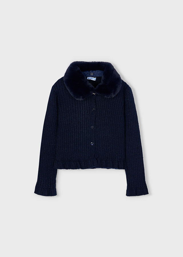 Navy Faux fur collar cardigan