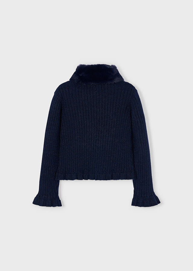Navy Faux fur collar cardigan