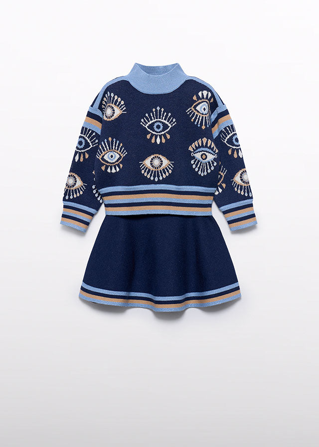 Navy Knit skirt jacquard set