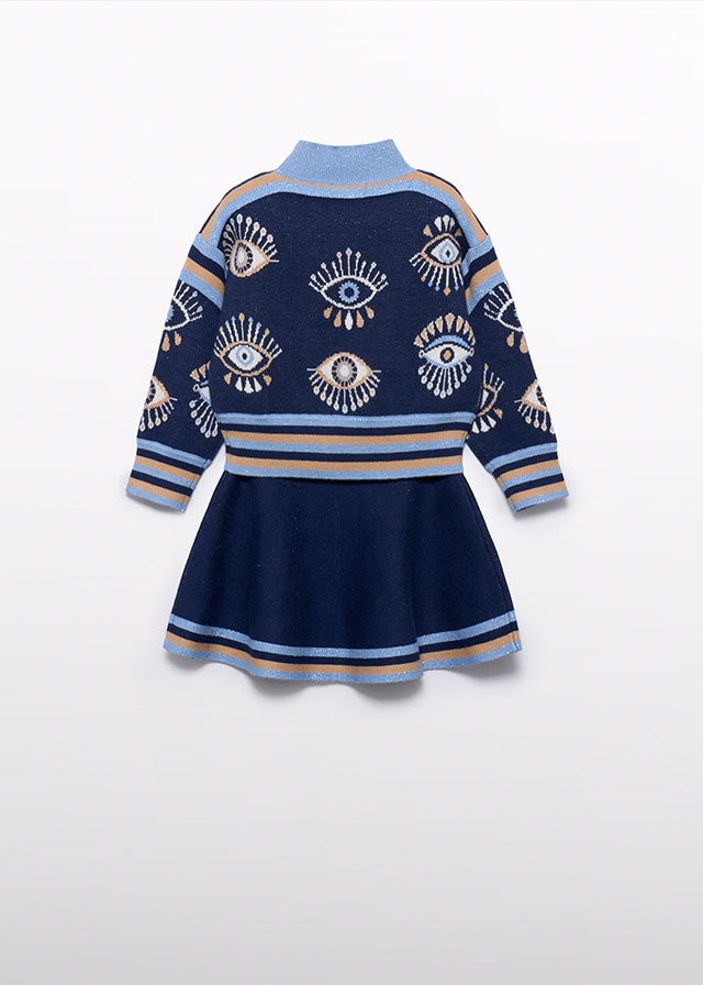 Navy Knit skirt jacquard set