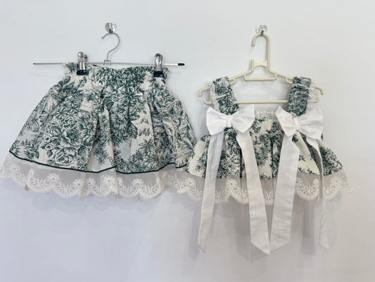 Toile de jouy green crop top bows- PRE ORDER