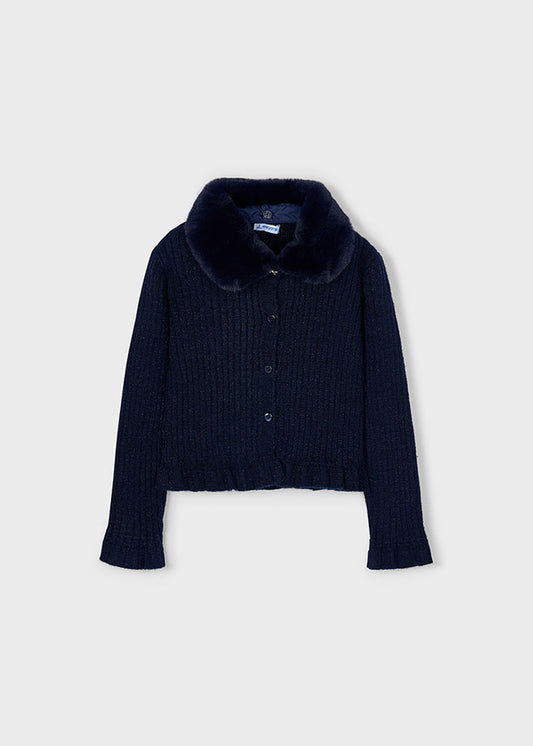 Navy Faux fur collar cardigan