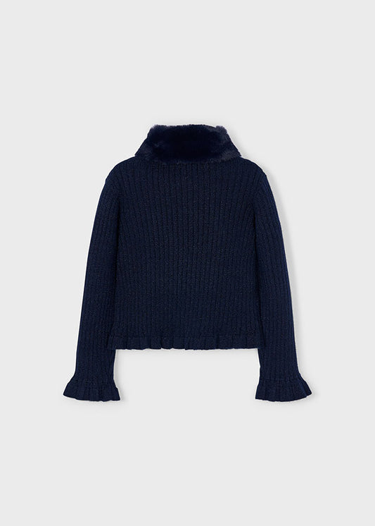 Navy Faux fur collar cardigan