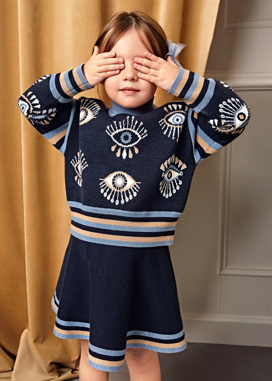 Navy Knit skirt jacquard set
