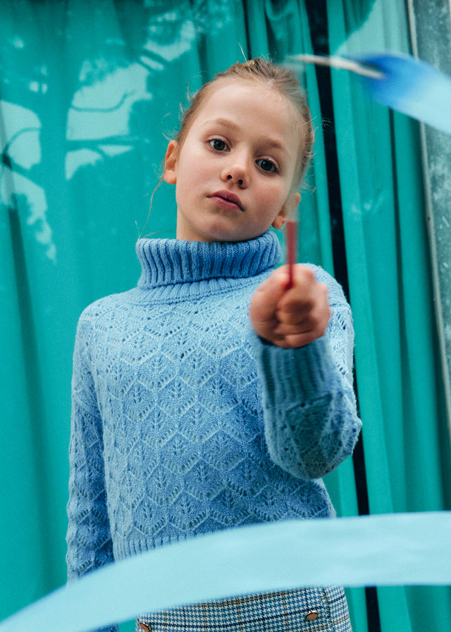 Sky blue Openwork turtleneck jersey