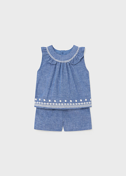 Embroidered linen short set blue