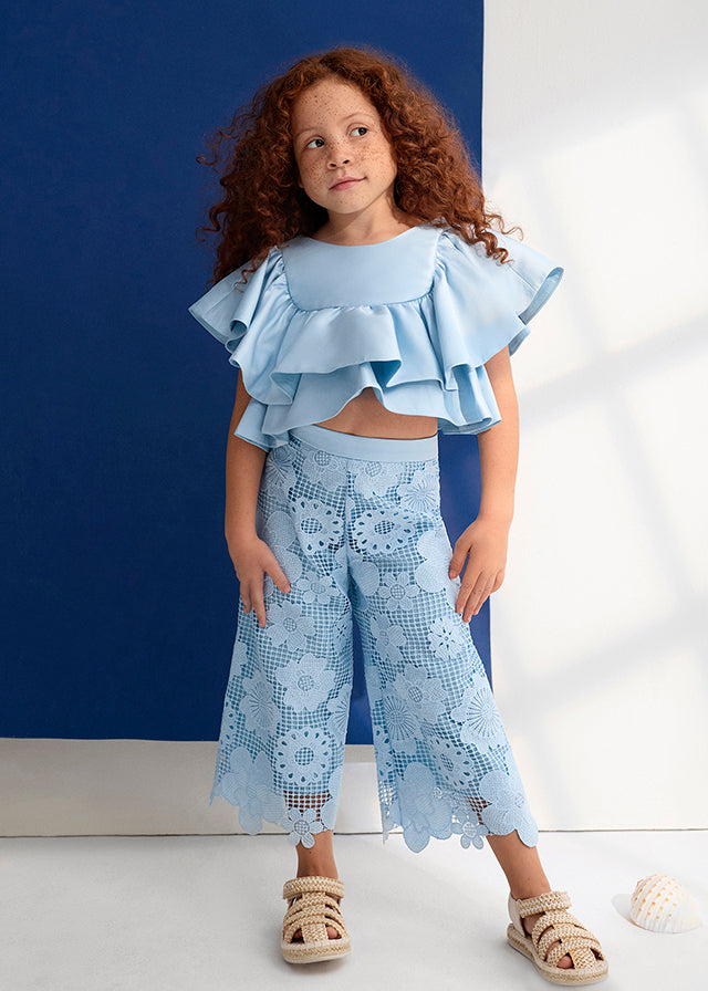 5212- sky blue guipure lace culotte pants set