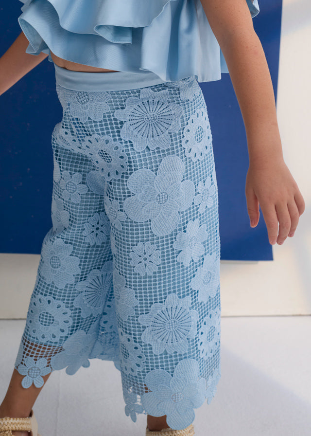 5212- sky blue guipure lace culotte pants set