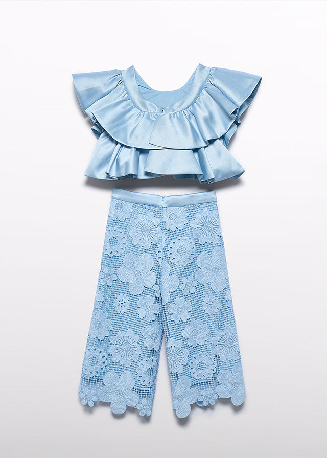 5212- sky blue guipure lace culotte pants set