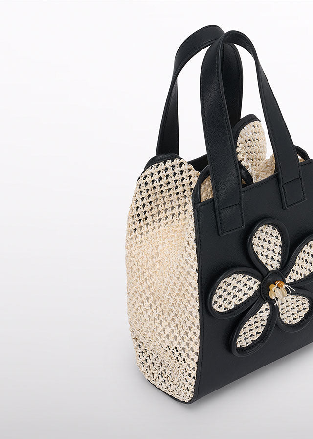 5485- Black 	Raffia bag w/ flower detail