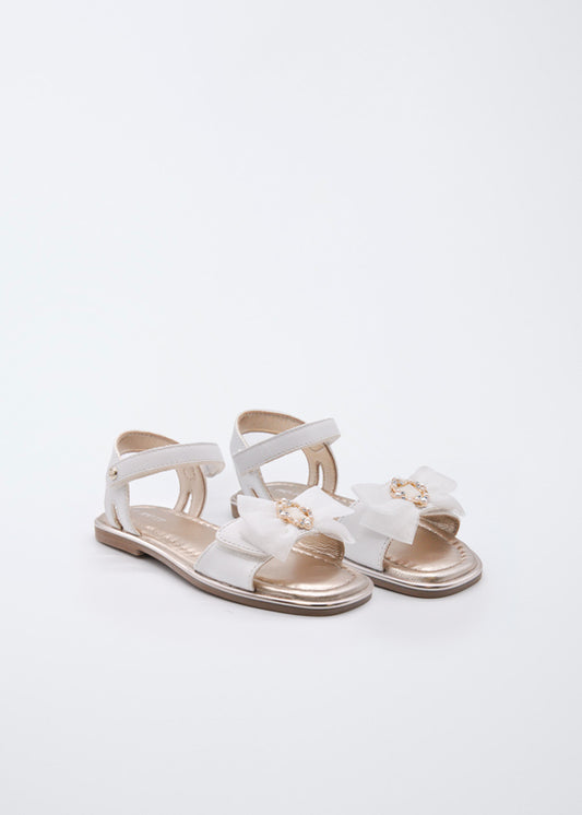 5489- cream Leather sandal with tulle bow