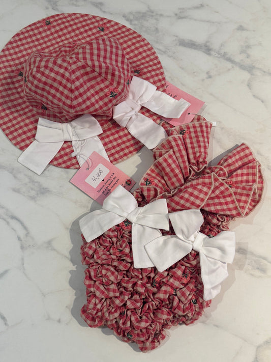 Red flower Vichy set ( Hat+ swimsuit)