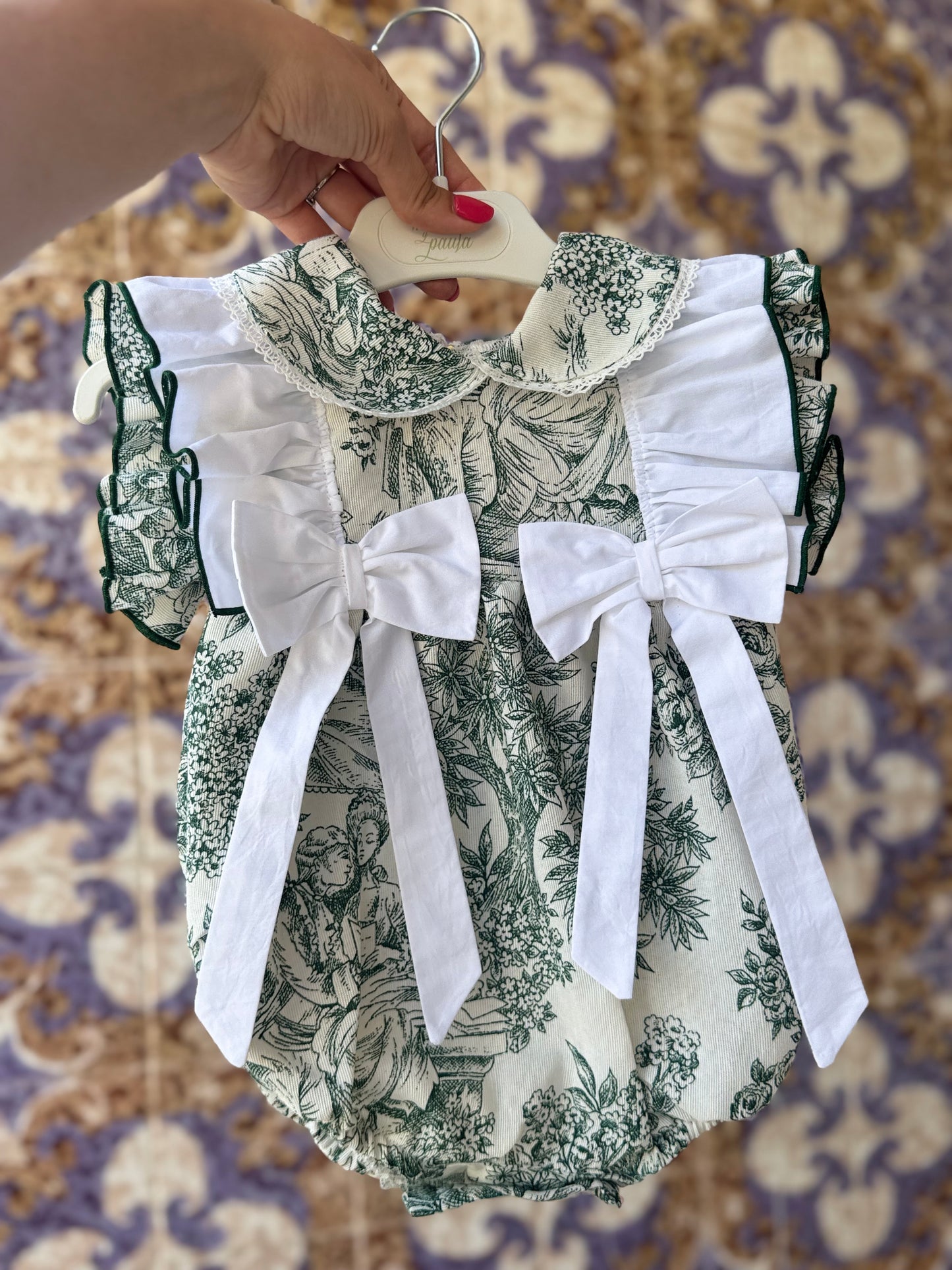 Toile de jouy green Romper- PRE ORDER