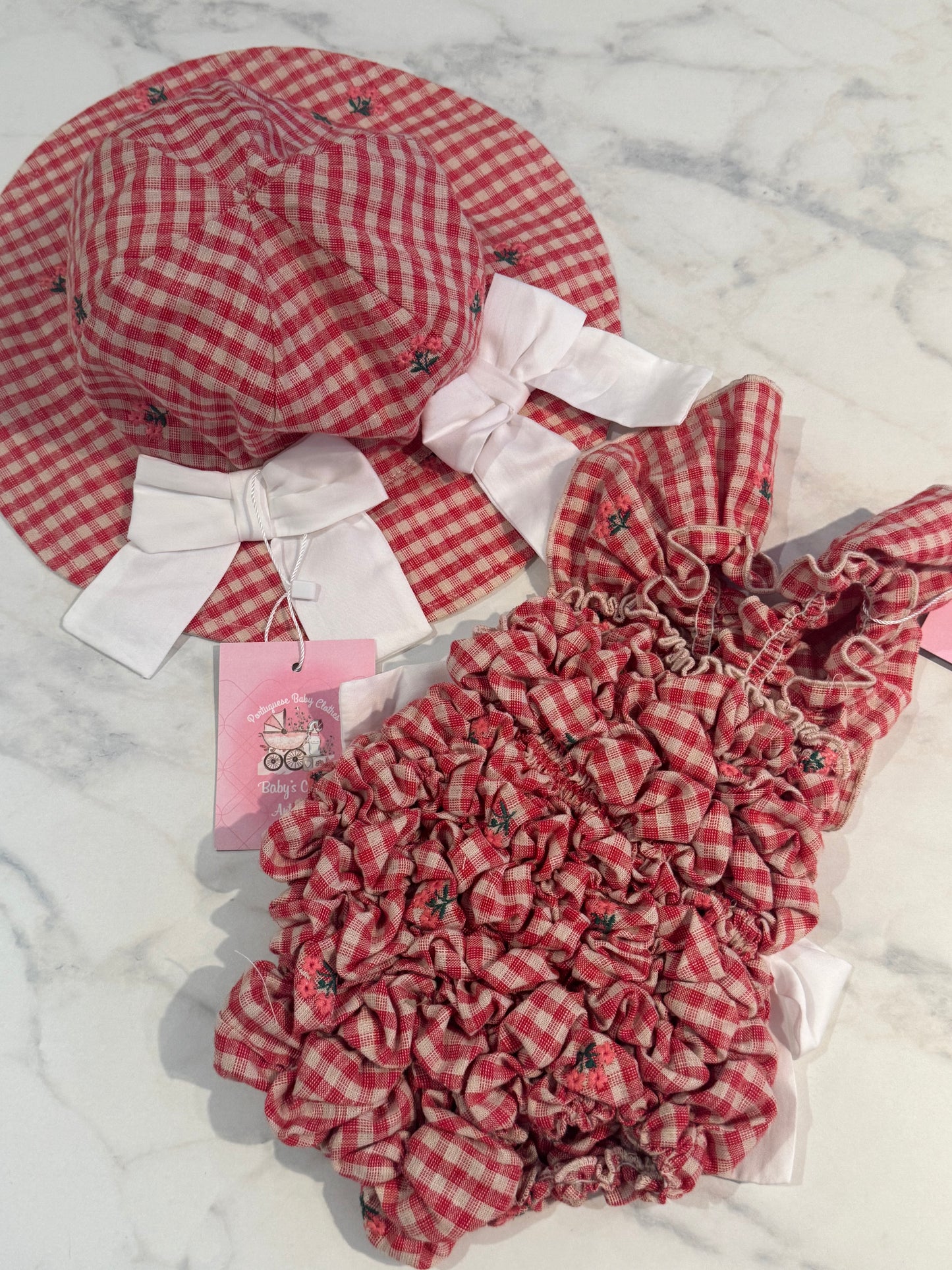 Red flower Vichy set ( Hat+ swimsuit)